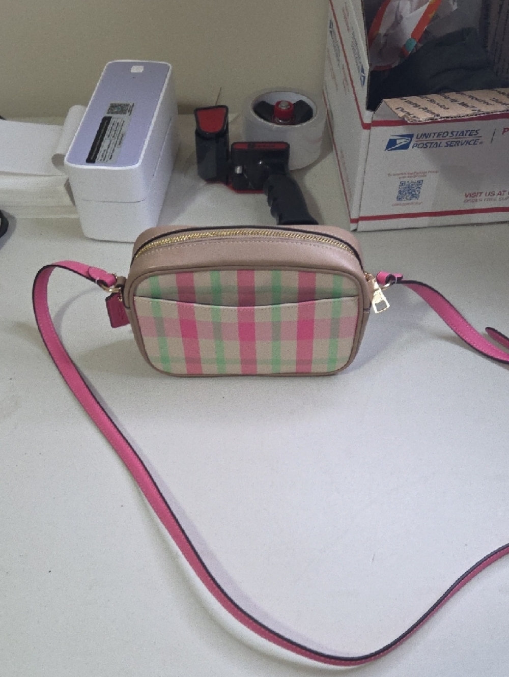 Coach Jamie Mini Pink Plaid Crossbody Camera Bag with Green Accents - Picture 6 of 8